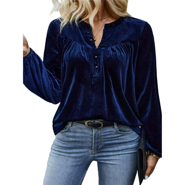 Blusas de Terciopelo con Cuello en V para Mujer, Estilo Vintage, Larga, Botones, Plisadas, Elegantes, Informales, de Otoño. Azul 5XL