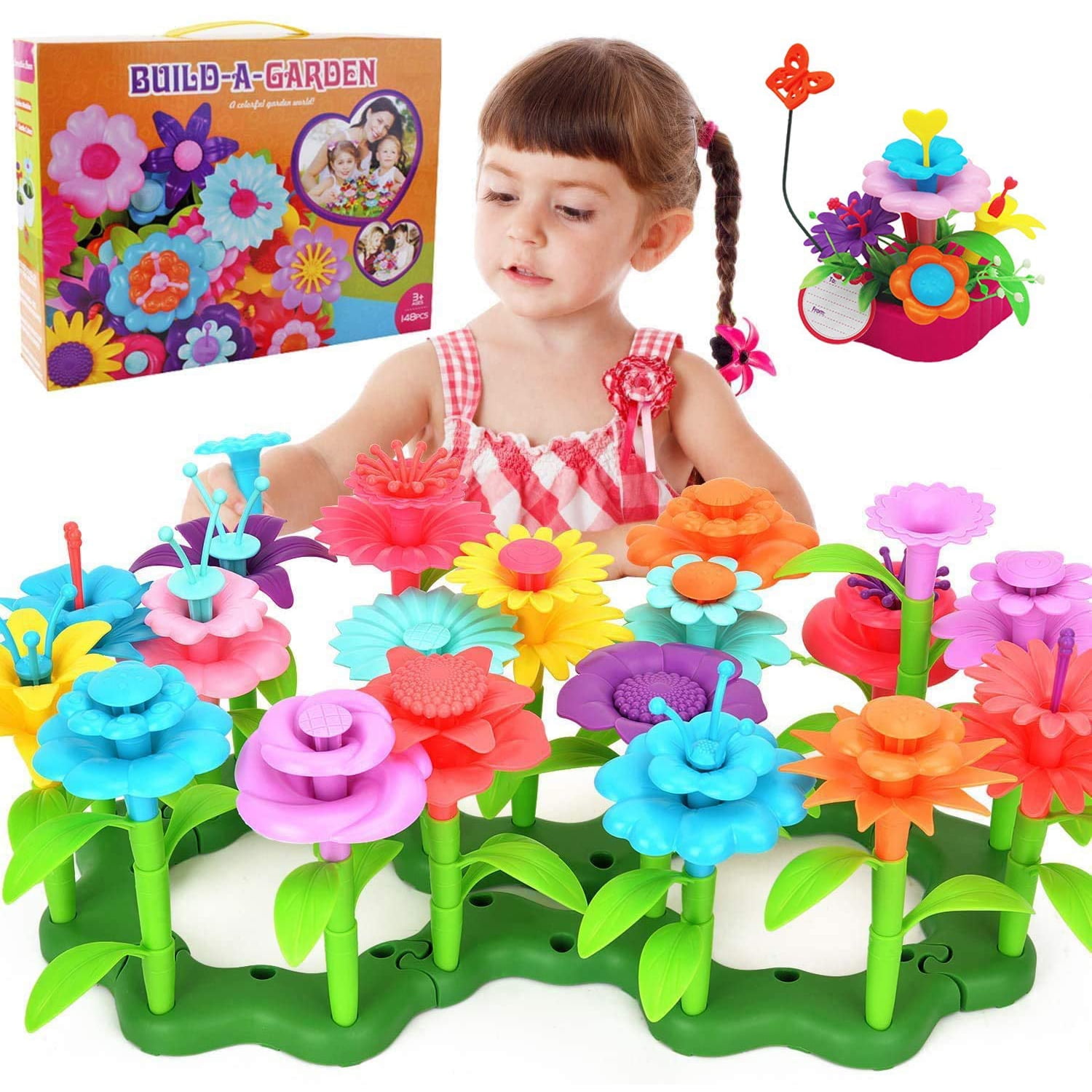 HANMUN Garden Toys for Girls Flower Garden Building Toy Set - 148 Pcs DIY  Pretend Playset Gardening Blocks Educational Creative Craft Toys for 3 - 8 Year Old Kids