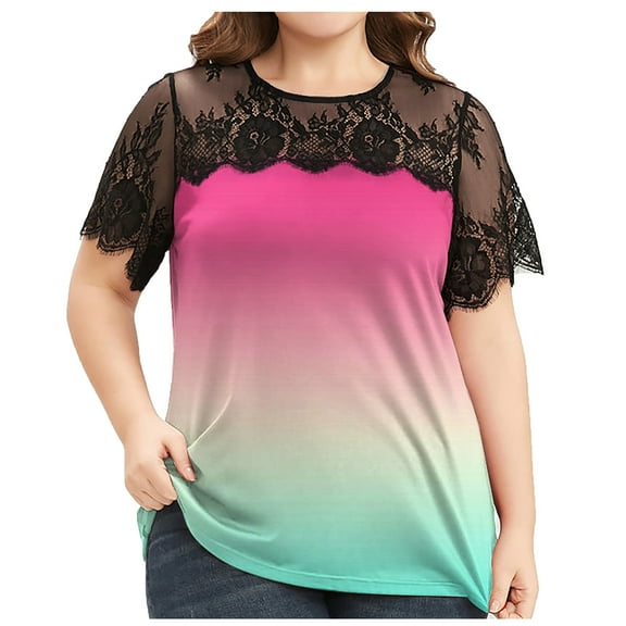 Fesfesfes Plus Size Women Plus Tunic Tops For Women Round-Neck Blouse Lace Casual Loose Summer Womens Tops 18(XXXXXL)