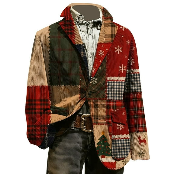 BdTemWBs Mens Corduroy Jacket Xmas Theme Lapel Suit Blazer Jacket for Christmas Party , Dinner, Prom, Wedding (Red, L)