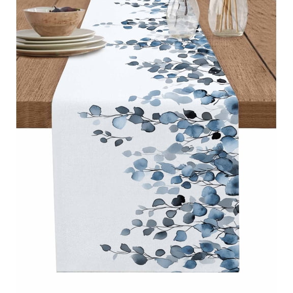 Blue Eucalyptus Leaves Table Runner 120 Inches, Watercolor Summer Botanical Bed Runner Dresser Scarves Tabletop for Indoor Outdoor Parties/Ceremony/Banquet, 13"x 120"