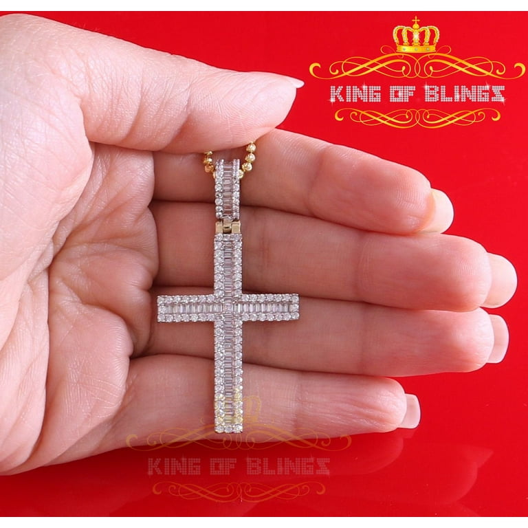 King of Bling's Yellow 925 Sterling Silver Baguette Cross Pendant with  3.22ct Cubic Zirconia