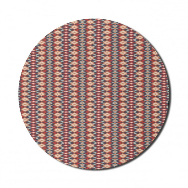 Ikat Mouse Pad for Computers, Indigenous Civilizations Ornamental Abstract Rhombus and Lines, Round Non-Slip Thick Rubber Modern Gaming Mousepad, 8" Round, Vermilion Orange Seafoam, by Ambesonne