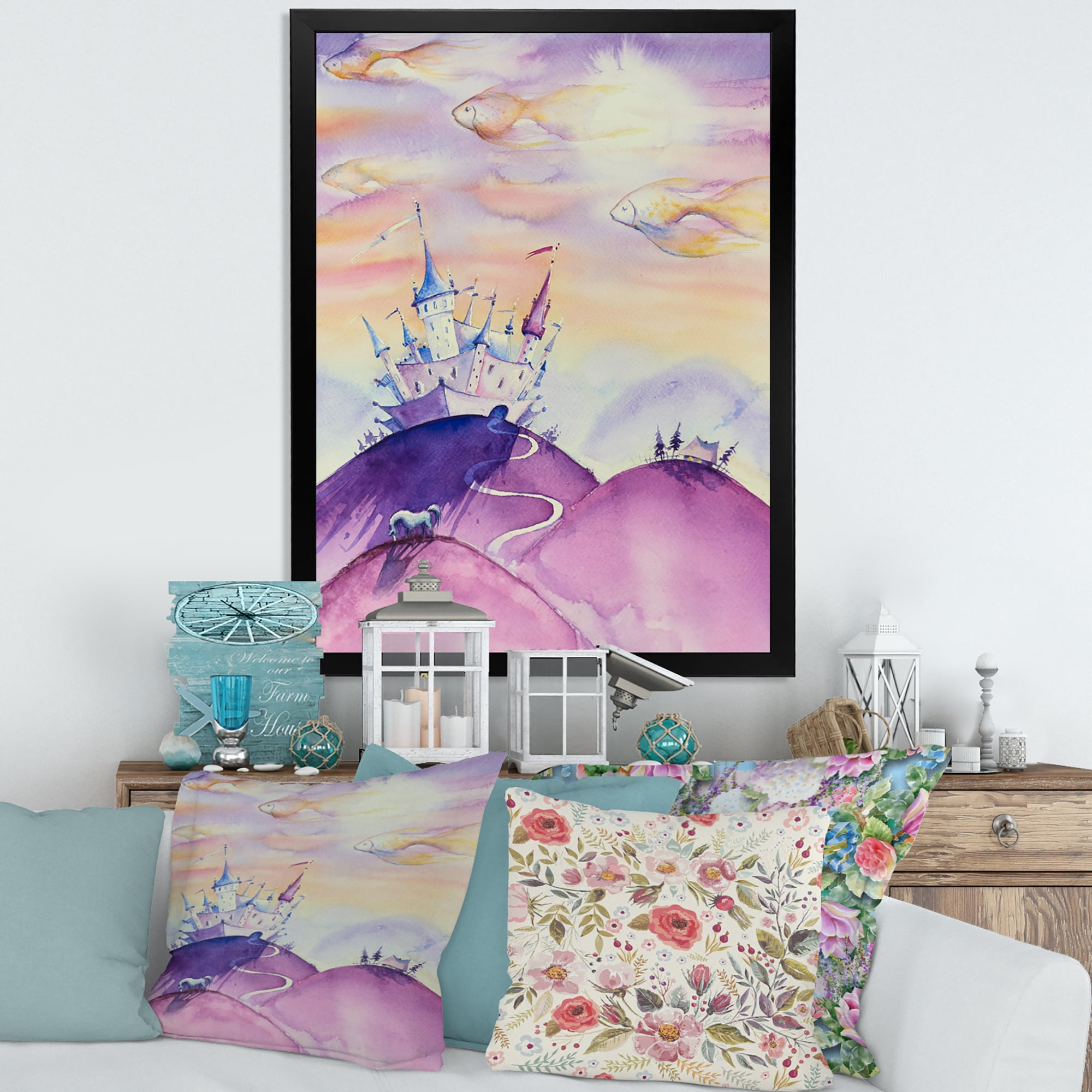 Designart 'Fairy Tale Kingdom Palace On Purple Mountain Top' Children's Art Framed Art Print
