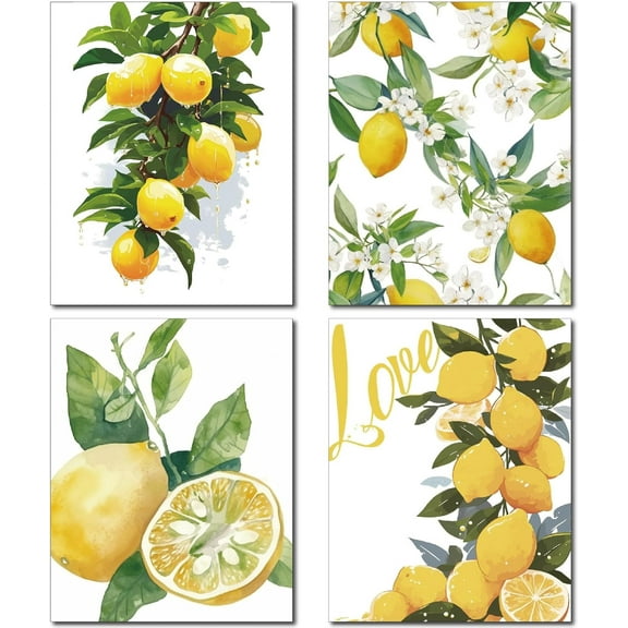 4Pcs Lemon Canvas Wall Art Fruit Print Wall Decor Fruit Canvas Poster Wall Decorations Watercolor Canvas Rectangle Chemical Fiber Oil Pictures for Kitchen Home Bedroom 10x8Inch-Unframed for DIY