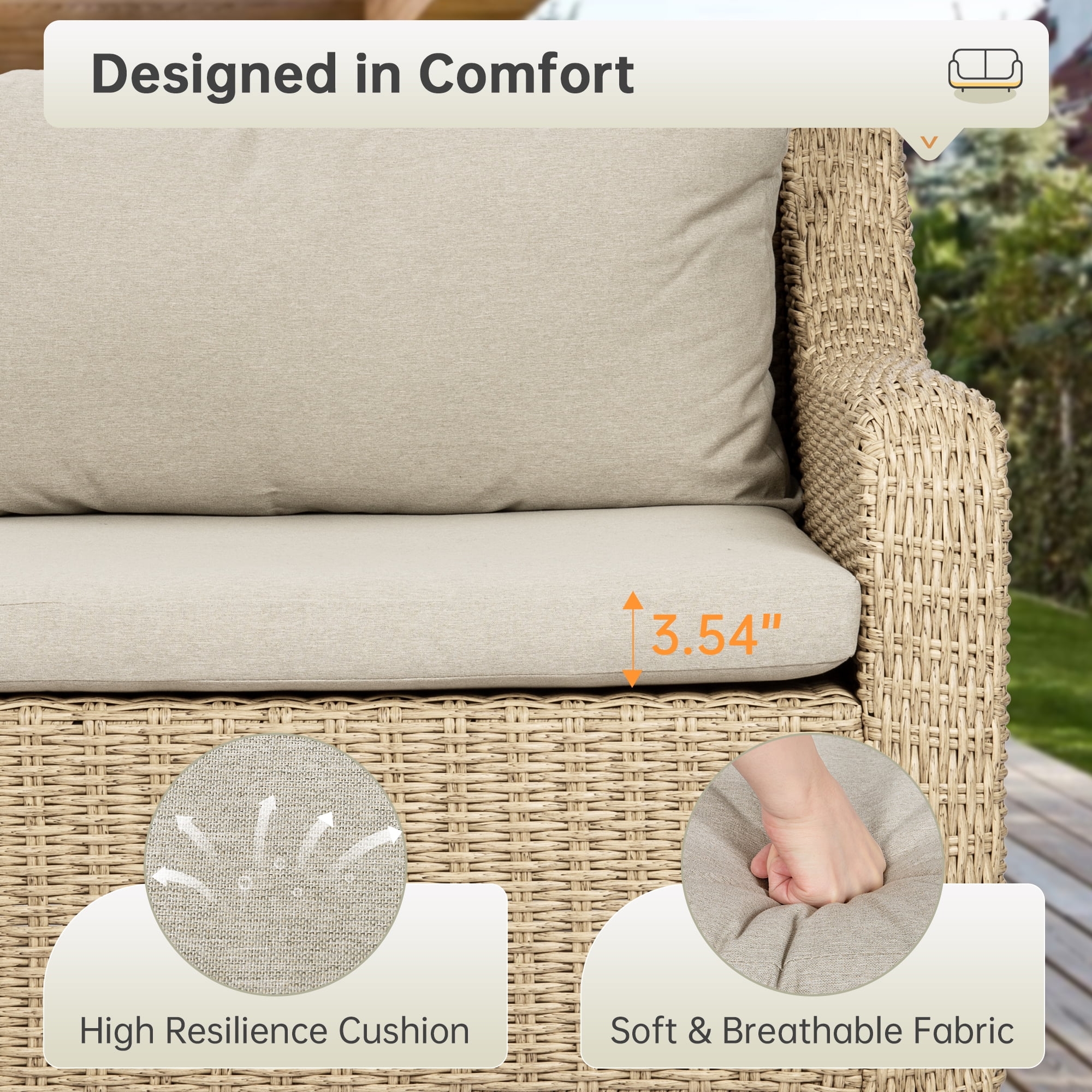 LHBCraft 3-Pieces Outdoor Patio Furniture Set, Wicker Loveseat and Coffee Table Set, with Grey Cushions and Natural Wicker