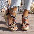 thumbnail image 2 of Rokment Boho Beach Platform Dress Sandals for Women with Flower Wedges Ethnic Breathable Linen Sole Glitter Gemstones Open Toe Stretchy Ankle Strap Chunky High Heels Summer Shoes Black Size 9.5, 2 of 6