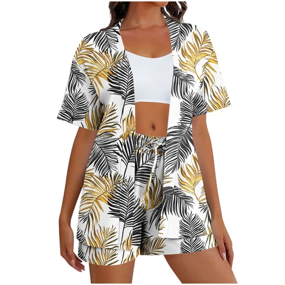 2 Piece Outfits Summer Women,Women's Hawaiian Beach Outfit 2 Piece Tropical Print Swim Cover up Shorts Set Summer Vacation Beachwear
