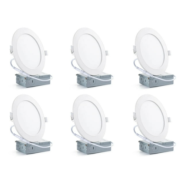 Dimmable 4-Inch LED Recessed Slim Panel Lights with Junction Box, 3000K Warm White, 9W 750LM LED Pot Lights, 6-PACK