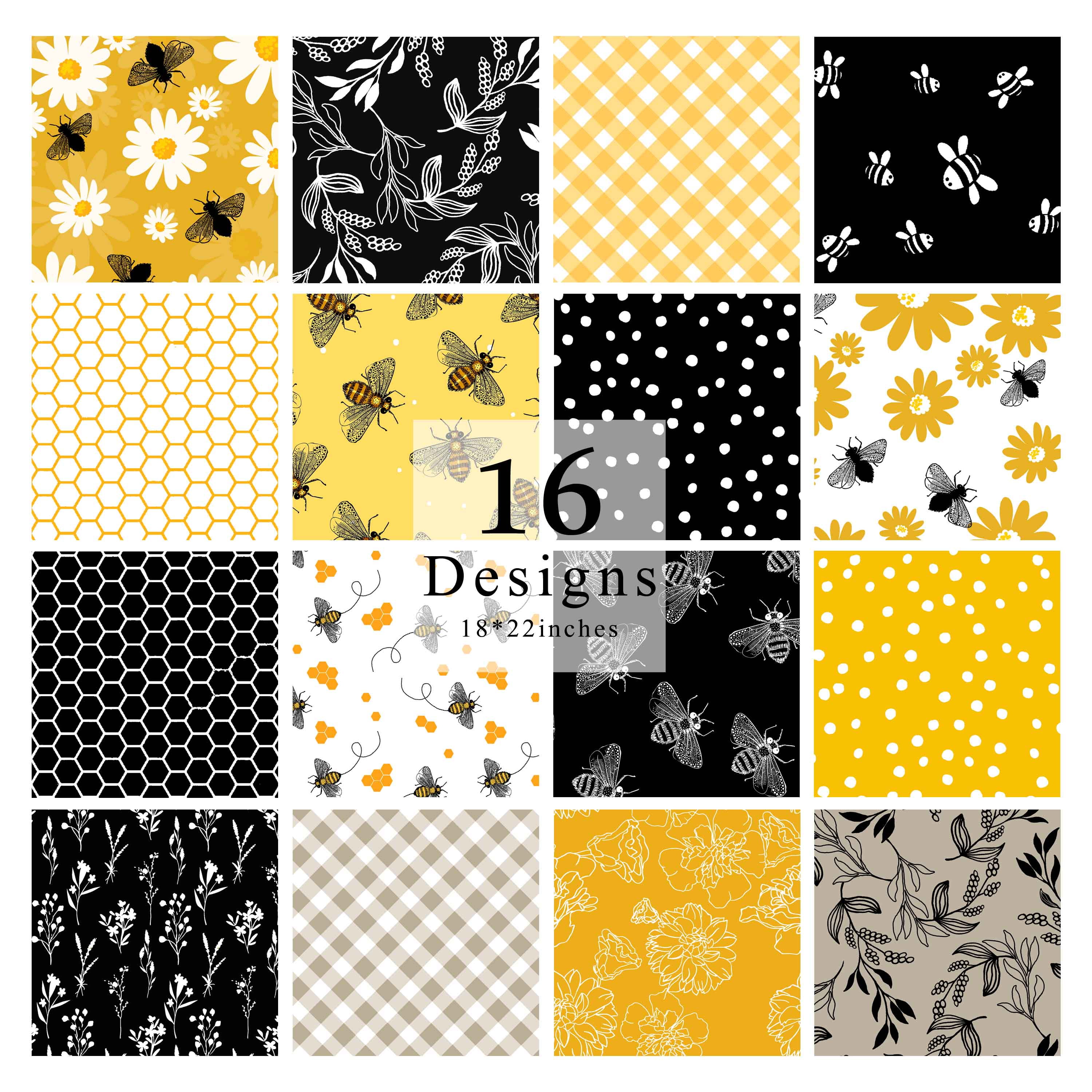Soimoi 16 Pc Fat Quarter Bundle-Honey BeesPrint 18"x 22"DIY Patchwork-100% CottonPre-Cut Quilting Fabric White-Yellow & Black