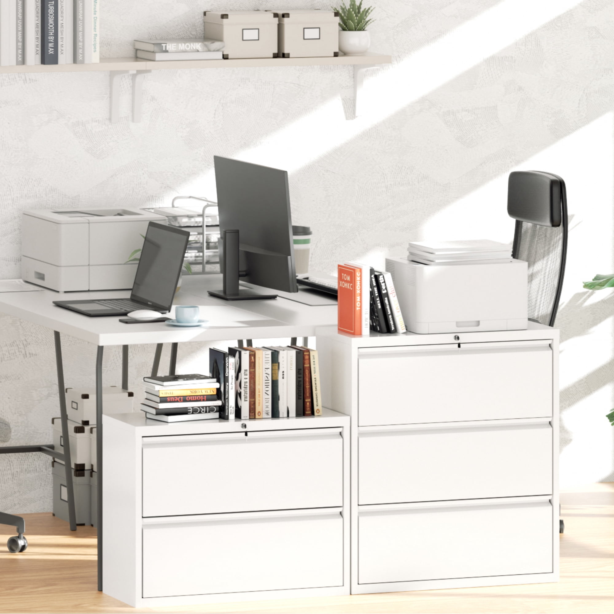 SUNCROWN Lateral File Cabinet 2 Drawer, Lockable Metal Filing Cabinet for Home Office, White Metal File Cabinet with Lock for Legal/Letter/A4/F4 Size with Hanging Bars&Key