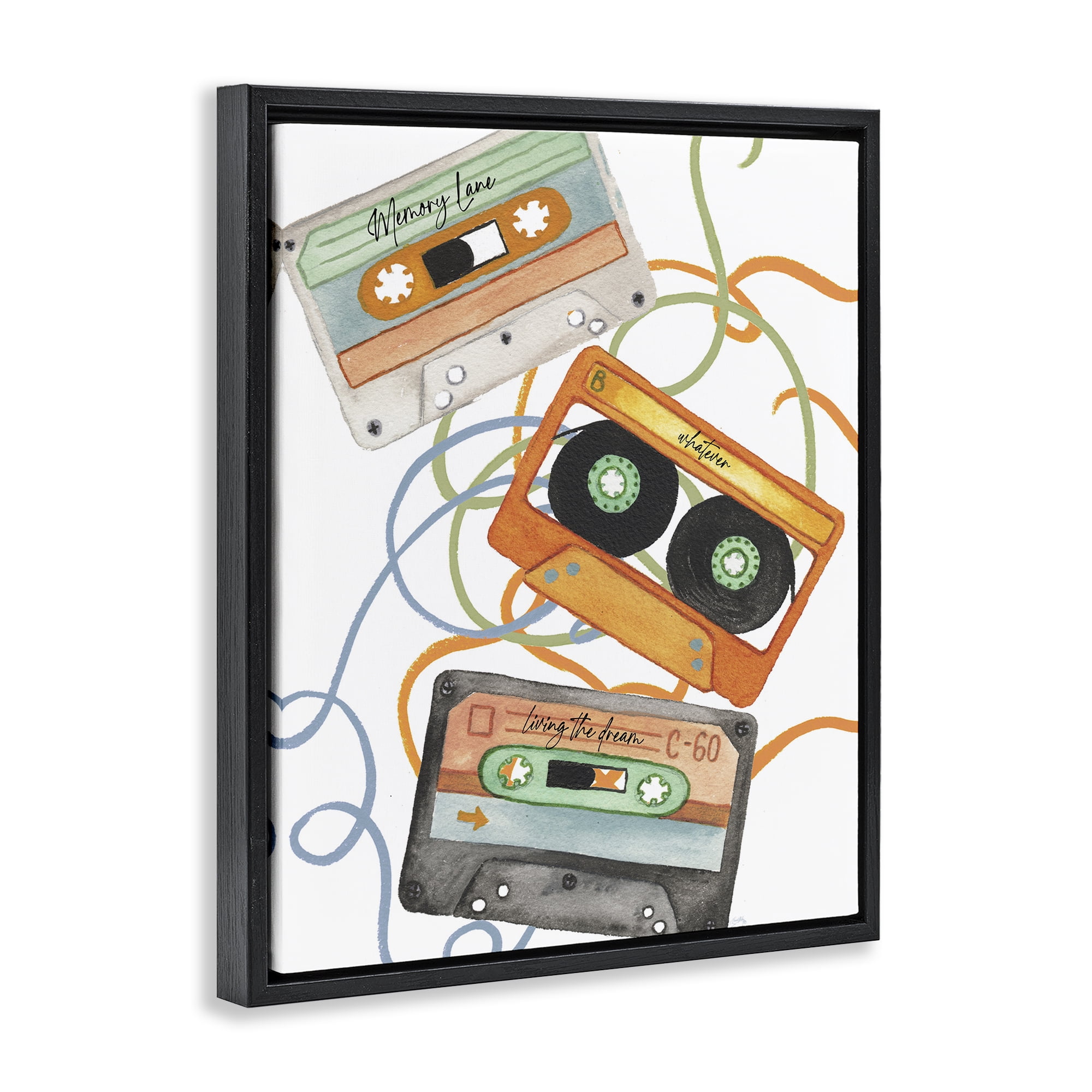 Stupell Industries Cassette Mix Tapes Trio Black Framed Floater Canvas Wall Art, design by Elizabeth Medley
