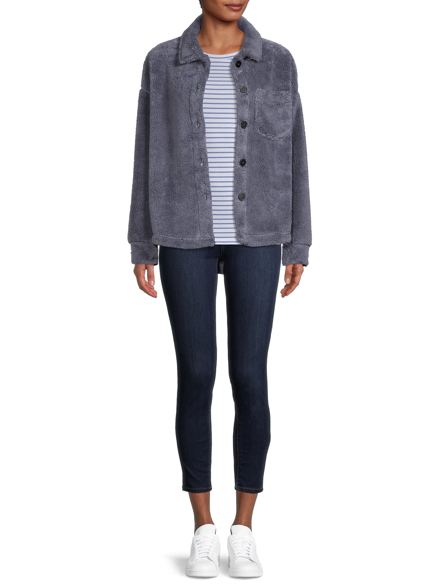 Time and Tru Women's and Plus Faux Sherpa Button-Front Jacket