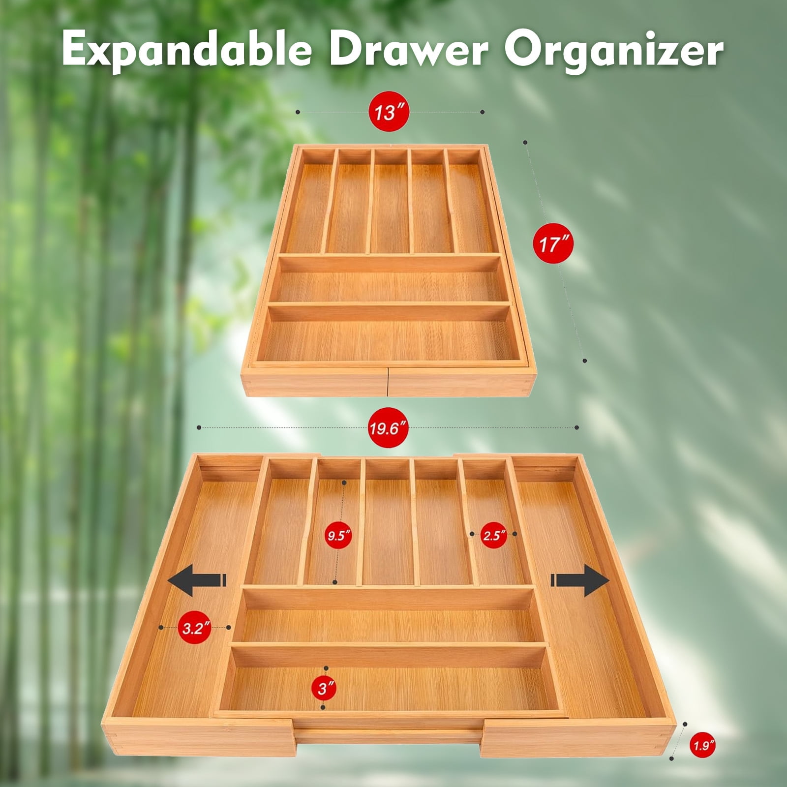 GIRACOA Expandable Bamboo Silverware Drawer Organizer, 9-Compartment Adjustable Utensil Tray, Large Wood Cutlery & Flatware Holder for Kitchen and Home Use