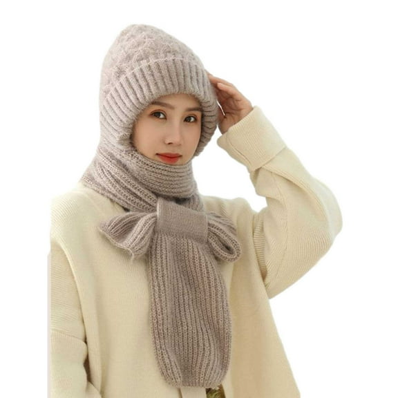 Luxalzxs Women Hood Scarf Hat All in One Knitted Fleece Lined Beanie Hats, Integrated Ear Protection Windproof Cap Scarf Set