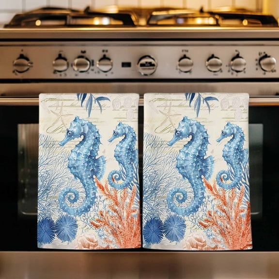 Blue Red Seahorse Coastal Kitchen Towels Set of 1, Summer Beach Coral Nautical Vintage Absorbent Dish Towels for Kitchen, Microfiber Hand Towel, Quick Drying Tea Towel for Cleaning Dishcloths