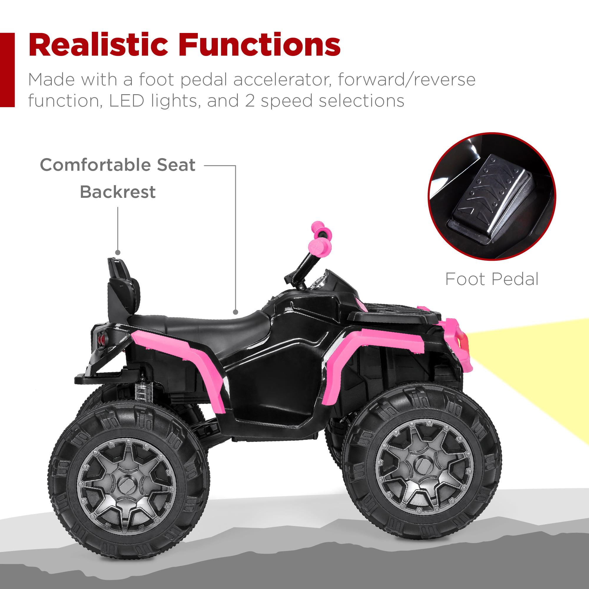 Best Choice Products 12V Kids Ride-On ATV Quad w/ Bluetooth, 3.7mph Max, Treaded Tires, LED Lights, Radio - Pink - 3