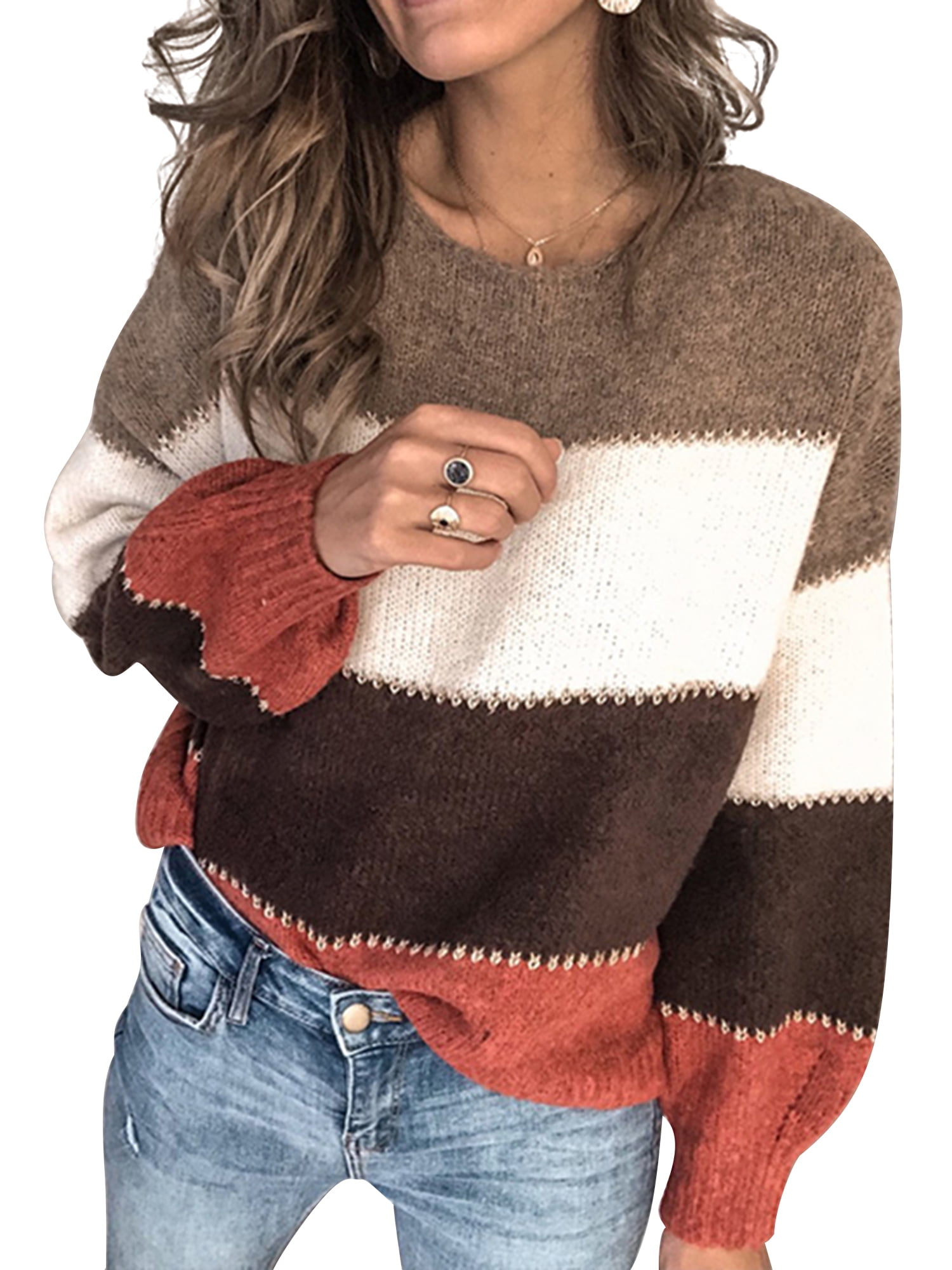 Ladies Knit Jumper Sweater Pullover Top Striped Lantern Long Sleeve Winter Warm