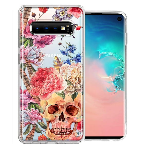 MUNDAZE Case For Samsung Galaxy S10 Plus Indie Spring Peace Skull Feathers Floral Butterfly Flowers Phone Cover