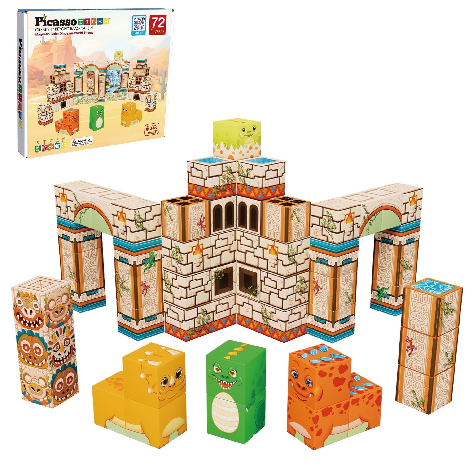 PicassoTiles 72PCS Magnetic Dinosaur World Mix & Match Building Blocks, STEM Educational Construction Toy for Kids Toddlers Boys & Girls Age 3+