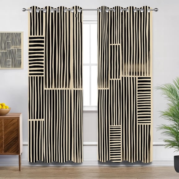 Modern Curtains Blackout, Room Darkening Thermal Insulated Grommet Drapes for Bedroom Living Room, Black Beige Geometric Patterned Window Treatments-52"W x 96"L (Pack of 2)