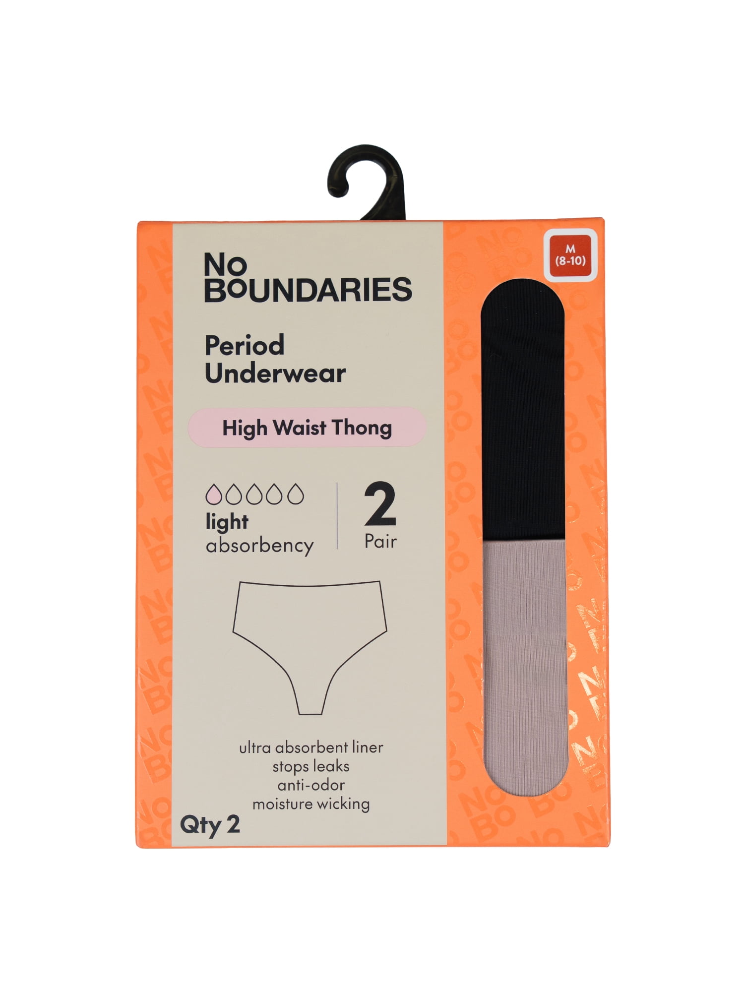 No Boundaries High-Rise Thong Light Absorbency Period Underwear, 2-Pack, Women’s Sizes XS-XXL