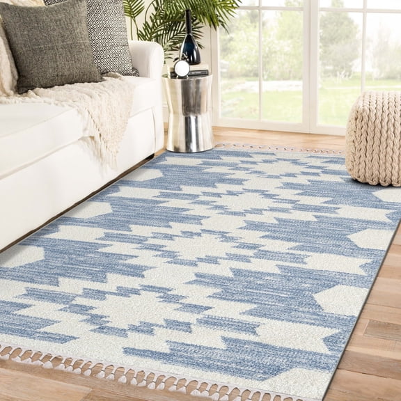 Luxe Weavers South Western Fringe Geometric Blue 8x10 Area Rug for Living Room
