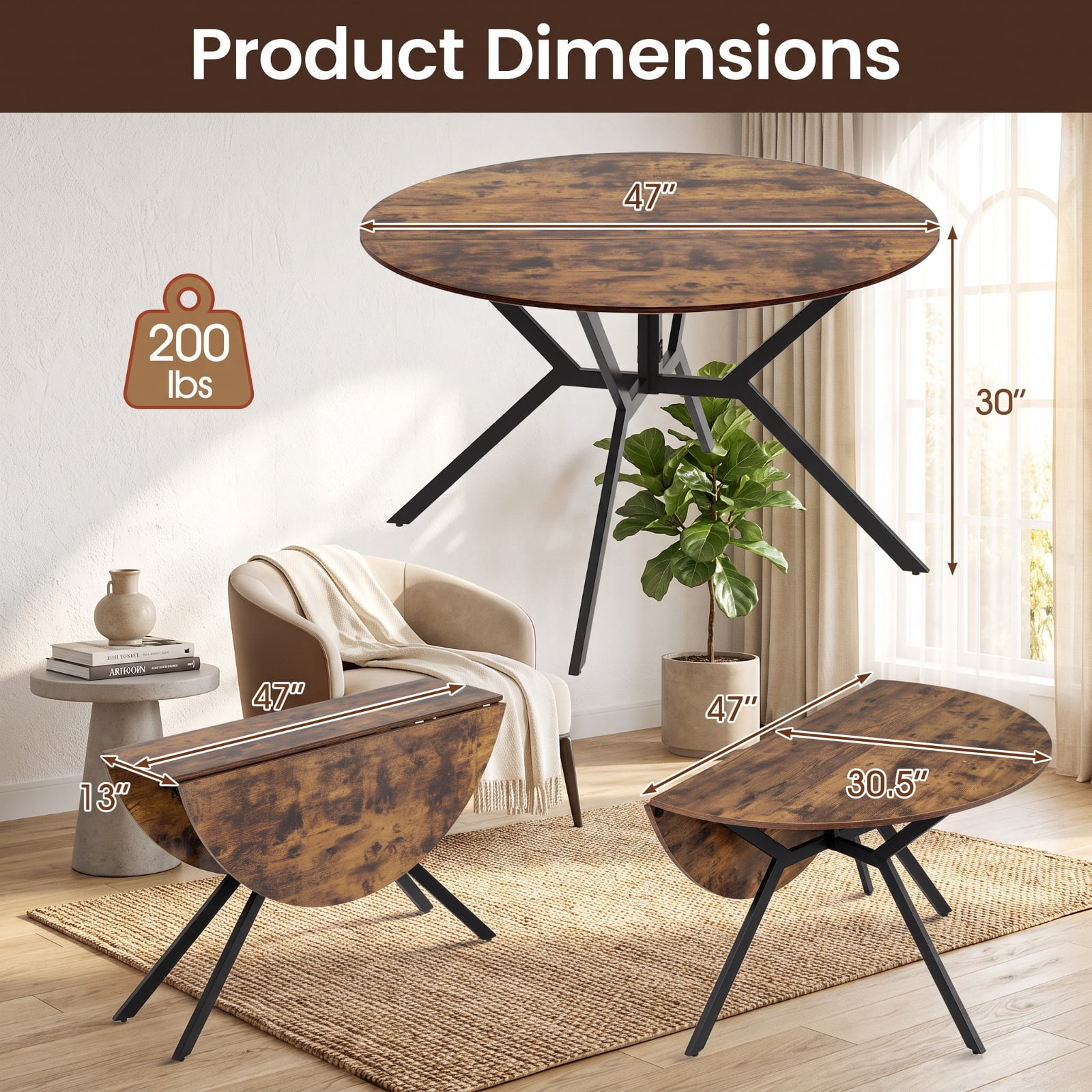 Furnibear Folding Dining Table 47 Inch Extendable Round Kitchen Table with Drop Leaves for Kitchen Dining Room Breakfast Nook Small, Rustic Brown