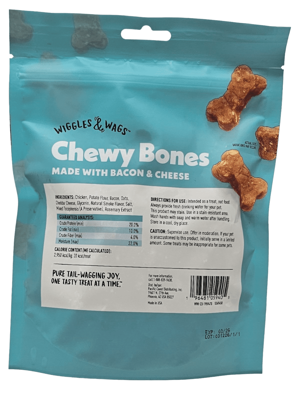 Wiggles & Wags Chewy Bacon and Cheese Bones Dog Treats, 6oz, Pack of 2