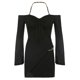 thumbnail image 1 of VISgogo Vestido casual para mujer, color sólido, acampanado, manga larga, hombros descubiertos, cadena, vestido corto con cuello halter VISgogo moda, 1 of 8