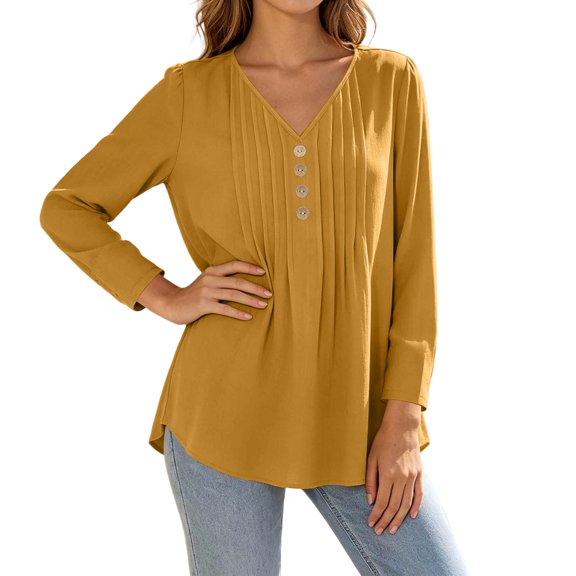 Vivianyo HD Women's Pleated V Neck Blouse, Tunic Shirts for Women Loose Fit Long Sleeve Top, Fall Office Casual Blouse for Daily Commute and Shopping Trips, Sizes S-2XL