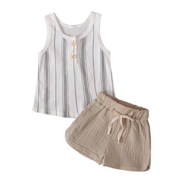 Honeeladyy ofrece ropa de verano para bebés y niños pequeños, conjunto de verano con estampado de rayas, chaleco sin mangas, top y pantalones cortos con cordón.