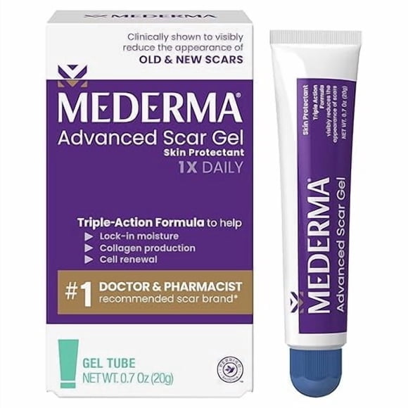 Dos tubos de Mederma Premium Scar Gel: trata tanto cicatrices nuevas como antiguas, reduce las cicatrices causadas por acné, cirugía, quemaduras, traumatismos y estrías, 0,70 oz (20 g).