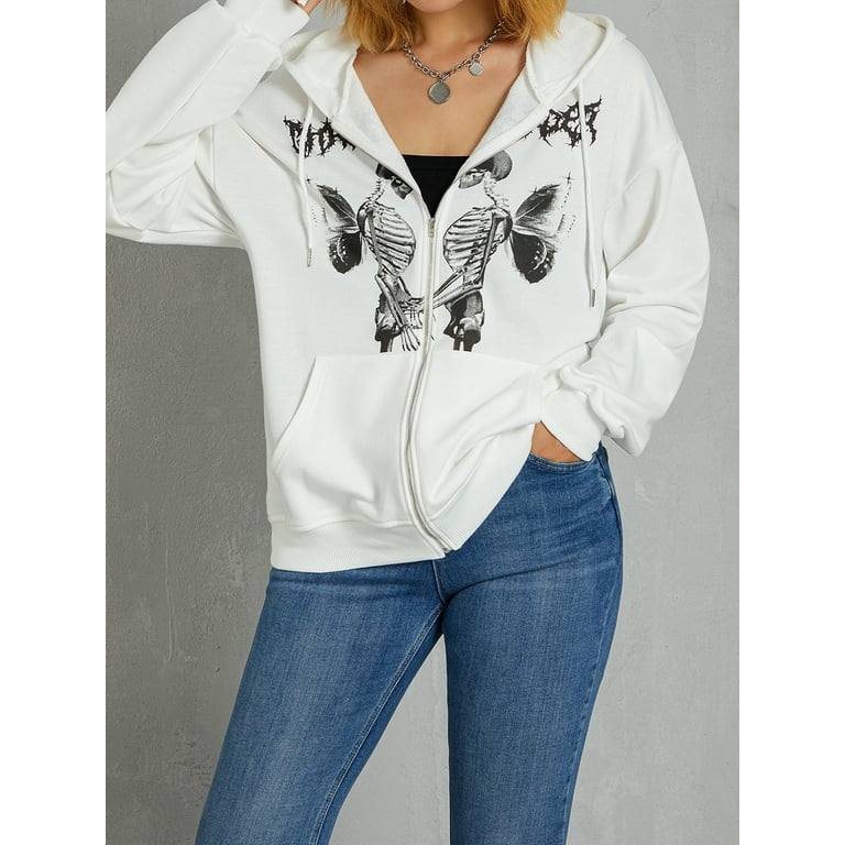 CenturyX Women Hoodie Zip Up Fairy Grunge Style Long Sleeve Sweatshirt Gothic Alt Punk Hip Hop Indie Girls Streetwear White Skeleton XL