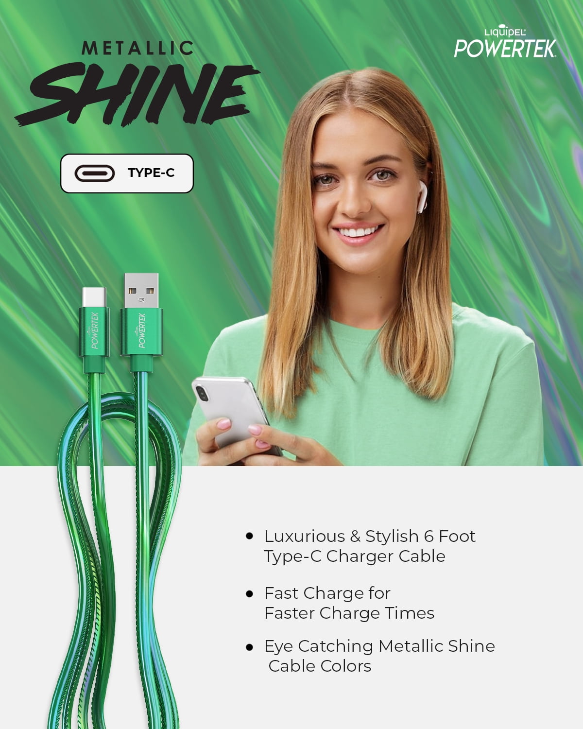 Powertek 6' USB Type A to Type C Cable, Green