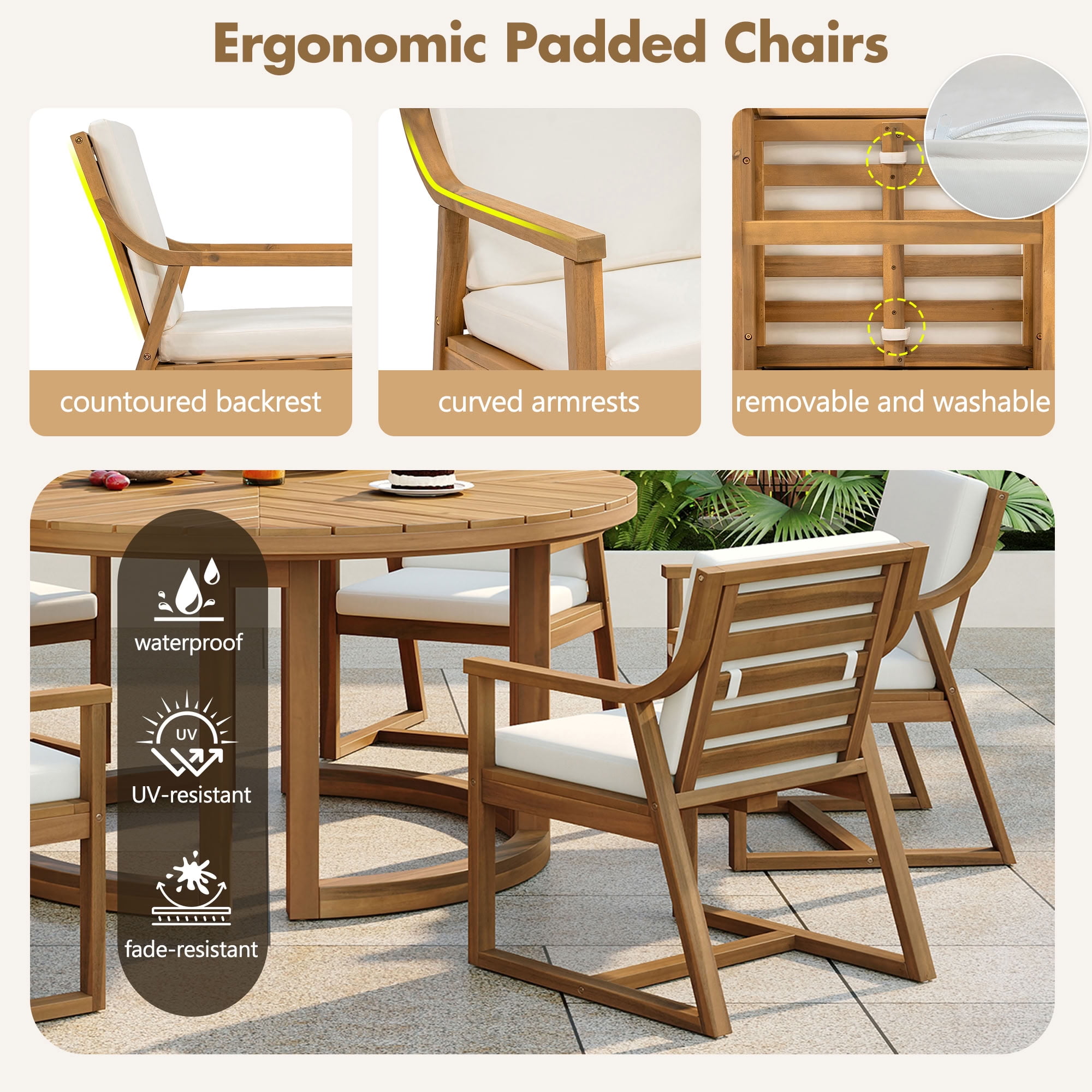 MAYEERTY Patio Dining Table Set for 6, Outdoor Wooden Patio Furniture Set with Removable Cushions & Umbrella Hole for Pools