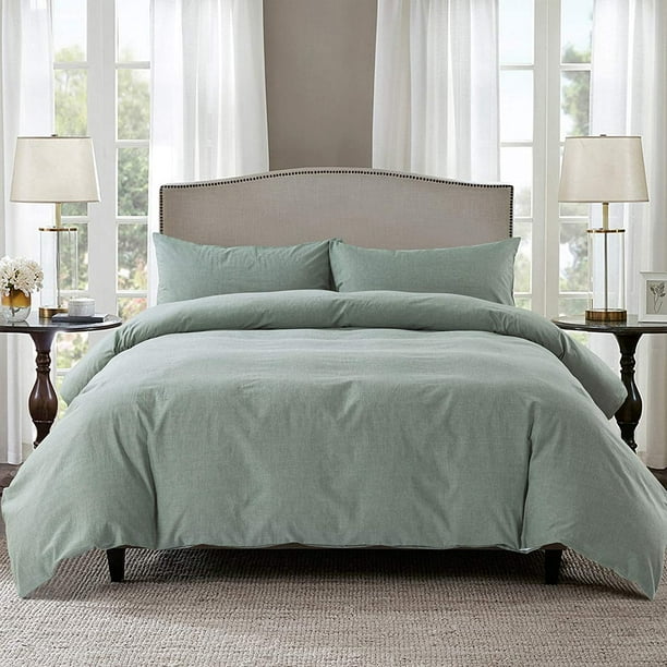EWAYBY 3Piece 100 Washed Cotton Duvet Cover and Sham Set(Queen, Green