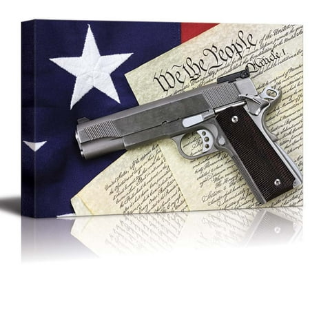 Handgun Lying Over a Copy of the United States Constitution and the American Flag - Canvas Art Wall Decor - 32