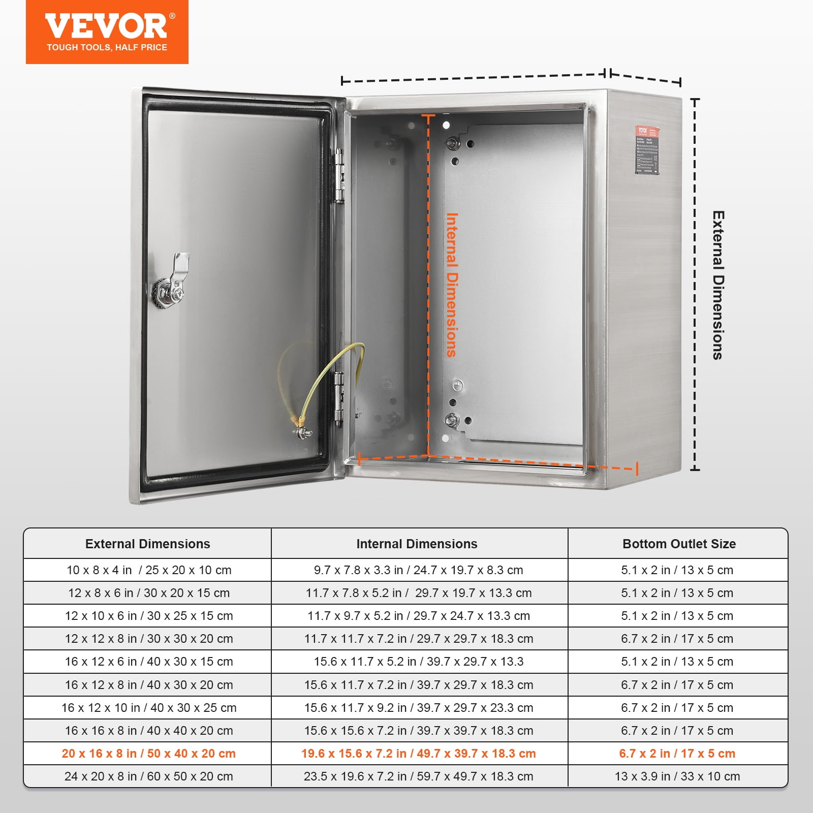 KFFKFF Electrical Enclosure 20" x 16" x 8" IP66 Wall Stainless Steel Mount Box