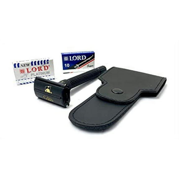 Double Edge Safety Razor- Long Black Handle- Travel Case and 10 DE blades Included   Gift Box