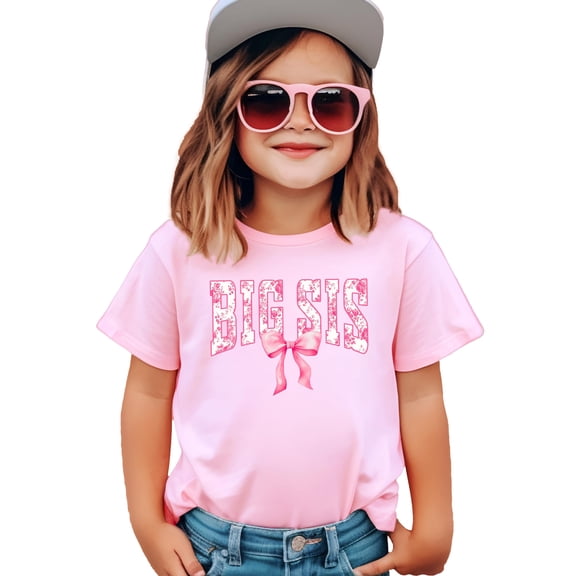 Pink Floral Big Sis Shirt for Toddlers, Girls & Teens Older Sister Coquette Bow T-Shirt Pink Shirt 5-6