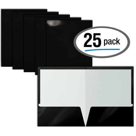 2 Pocket Glossy Laminated BLACK Paper Folders, Letter Size, black Paper Portfolios by Better Office Products, Box of 25 Black Folders