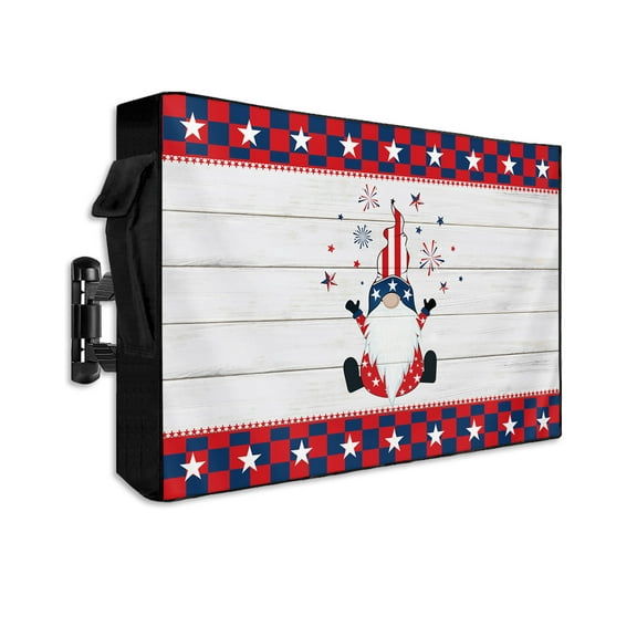 Day Gnomes Star Celebration Outdoor TV Cover 40 to 43 Inch Weatherproof, Flag Day Wooden Stripes Grain 600D Oxford TV Covers with Waterproof Zipper, Outside Flat TV Screen Protector 40"Wx25"Hx4.5"D