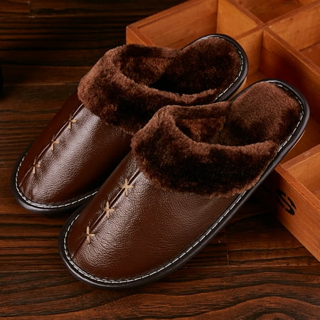 Men Couple Winter Warm Fuzzy Cow Leather House Slippers Fleece Lined Home Slip On Shoes Causal Daily Outdoor Brown Dark Brown Walmart Canada
