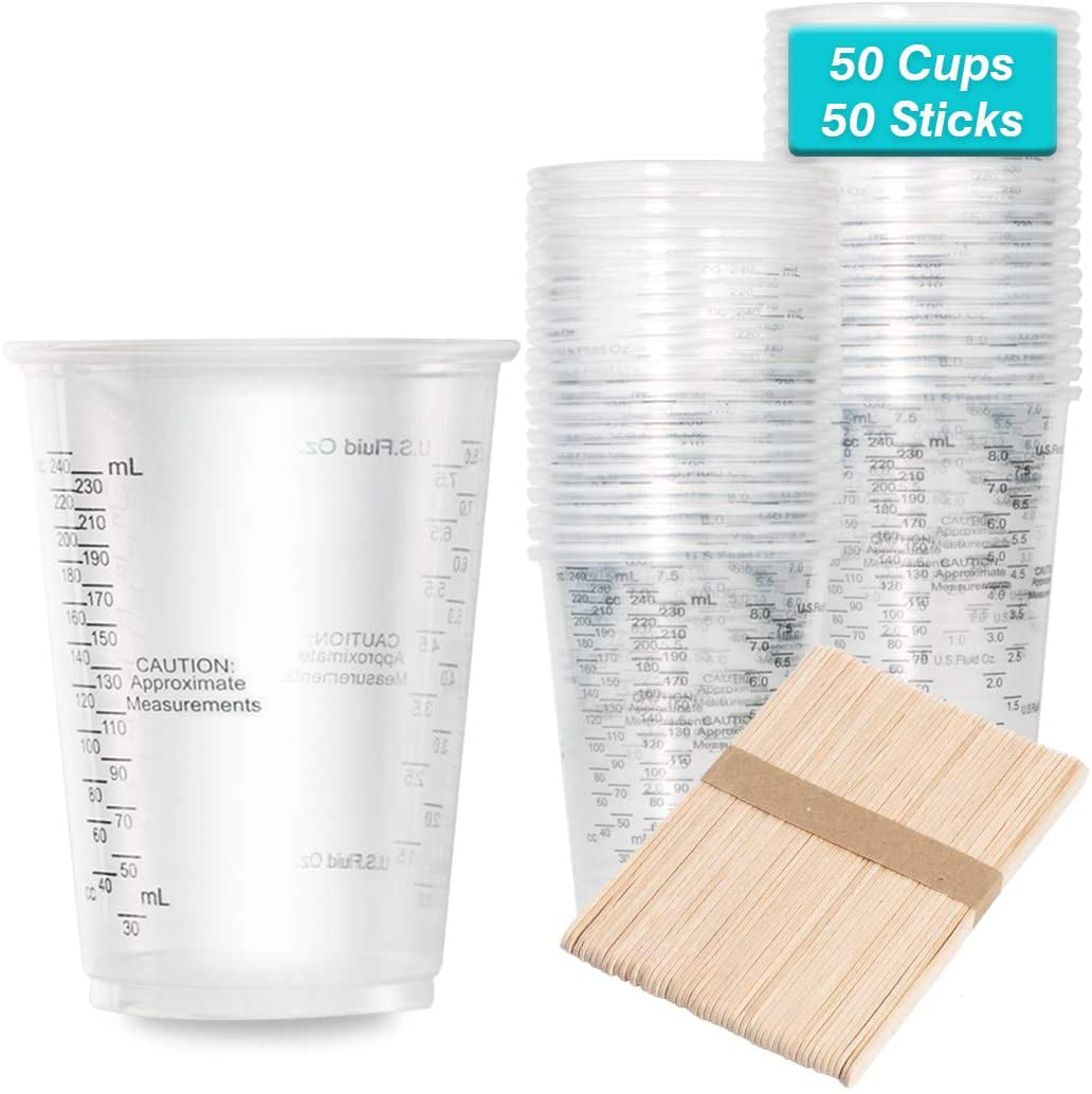45pcs 8oz Graduated Clear Plastic Measuring Cups with 45pcs Wooden Stirring Sticks for Mixing Paint Resins Epoxy Resins Pigments