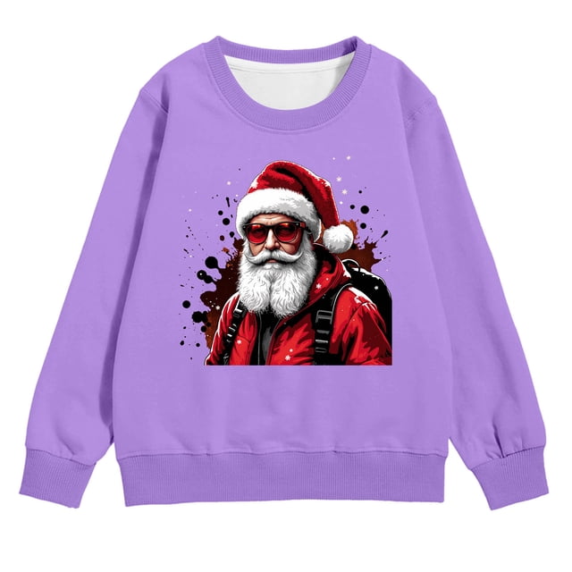 PMVFHDE Chandail à Capuchon et Chandails en Molleton pour Filles Imprimé Manches Longues Col Rond avec Poche Chandail Confortable Doux Décontracté pour Enfants Saison des Fêtes Violet, 4-5 Ans
