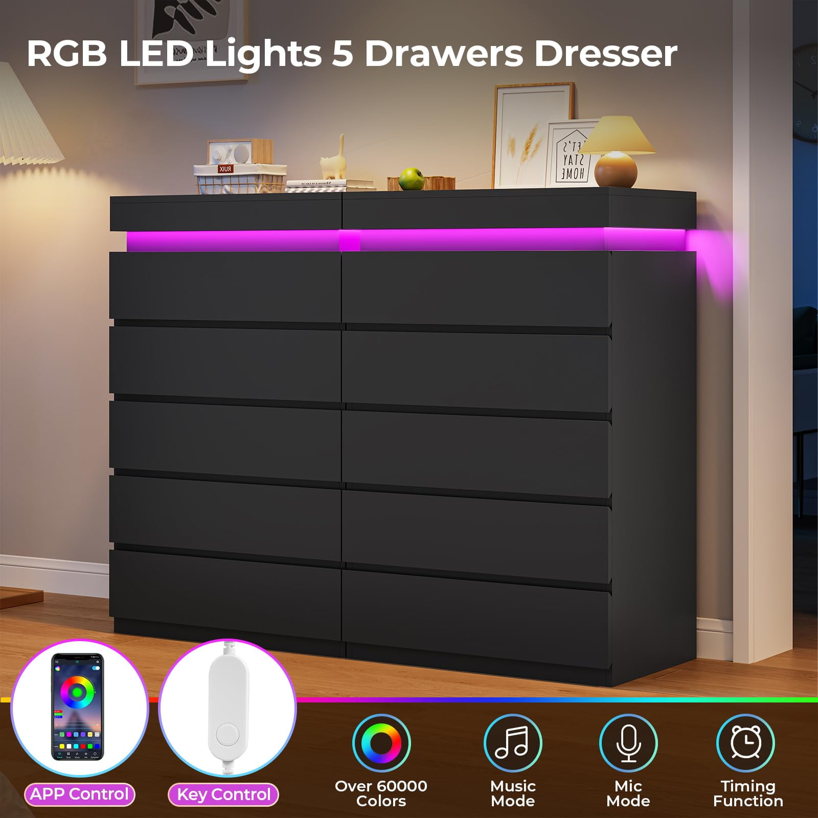 Afuhokles Black 5 Drawer Dresser with LED Light, Chest of Drawers for Bedroom