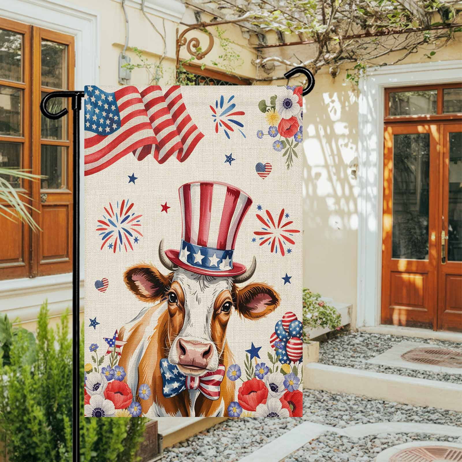 4th of July Garden Flags USA Flag Cow Garden Flag Double Sided Welcome Flag Stars Stripes Hat Fireworks Poppy Independence Day Yard Flags for Outdoor Lawn Porch Memorial Day Holiday Decor 28x40 Inch