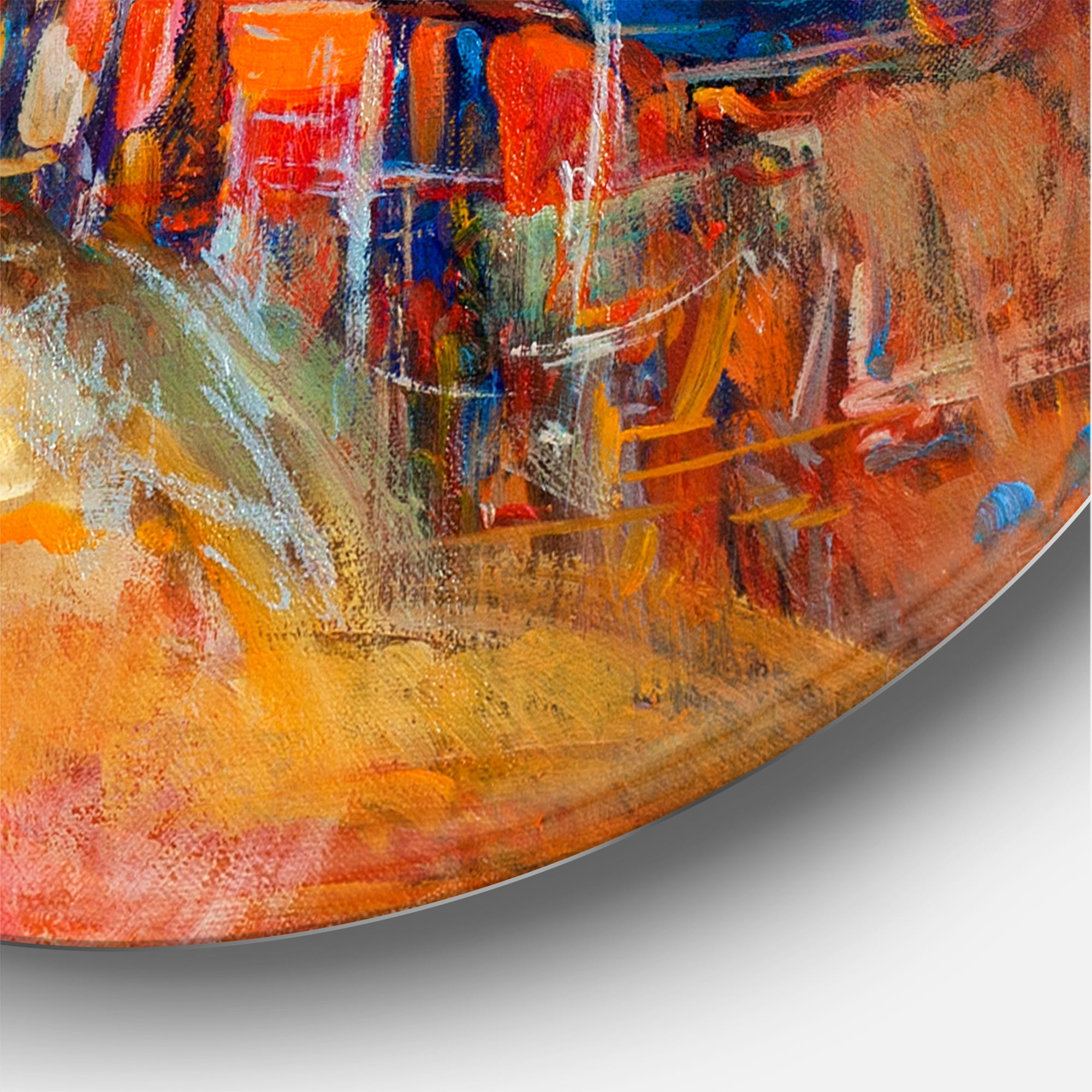 Designart 'Boats Near Coastal Town Resting On The Water III' Nautical & Coastal Circle Metal Wall Art 11x11 - Disc of 11