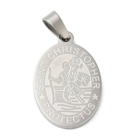 Non-Tarnish 304 Stainless Steel Pendants Oval with Saint Christopher Charm Stainless Steel color 27x18x2mm Hole: 7.5x4mm